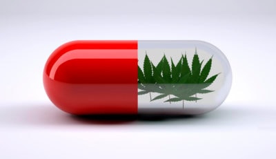 red pill with marijuana leafs inside, 3d illustration