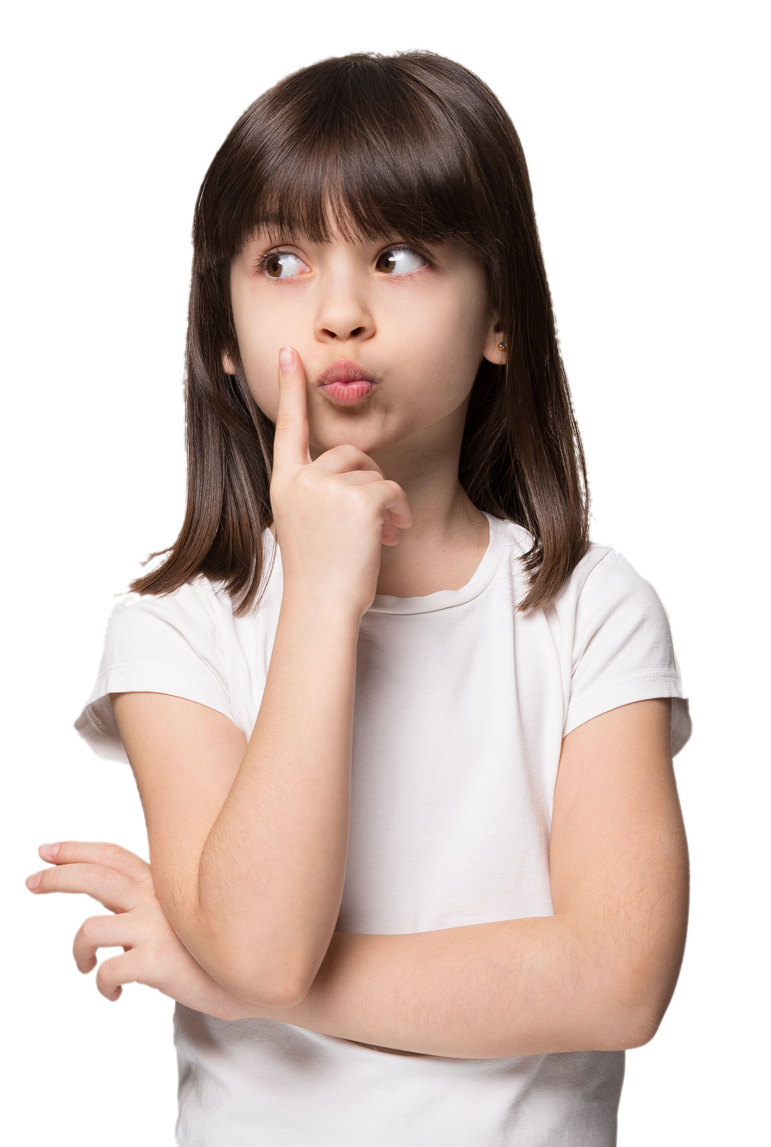 Thoughtful little girl six years old daughter look away on copy space thinking isolated on grey beige background, funny kid pout lips hold finger near mouth conceived some kind of prank, concept image