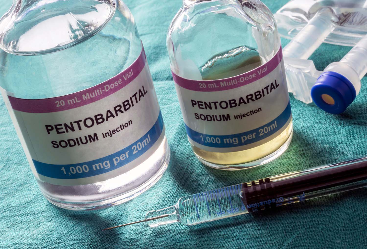 Vials with Sodium pentobarbital used for euthanasia and lethal inyecion in a hospital, conceptual image